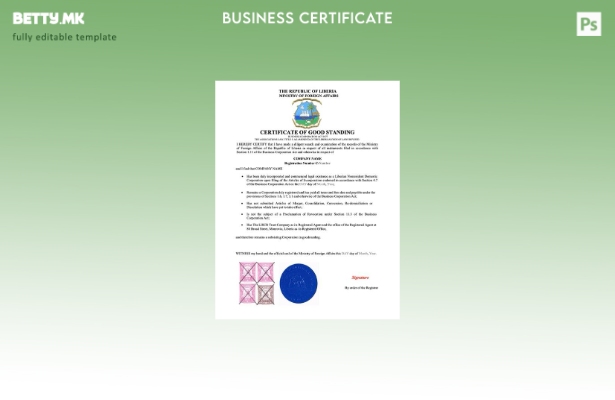 Модерен стил Либерија сертификат за добра положба Шаблон за Word и PDF